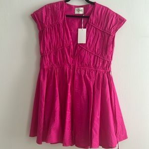 TOVE Fuchsia Pink Short Sleeve V-Neck Gathered Waist Dress